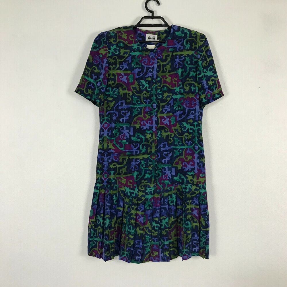 Vintage 90s Leslie Fay Scooter Dress Size 8P Multicolor Geometric Short Sleeve